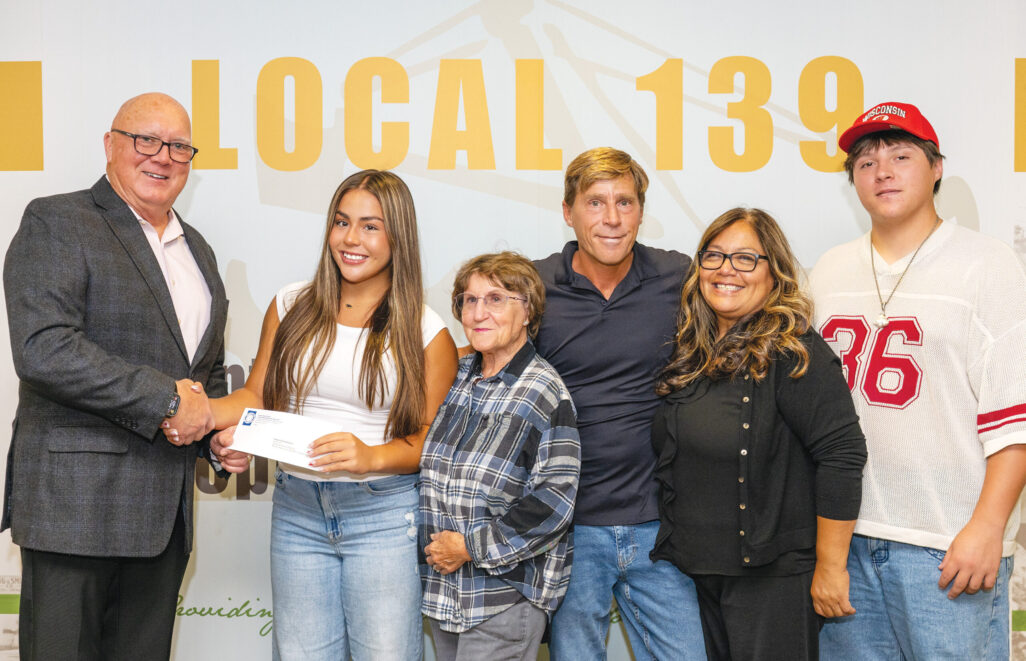 District B scholarship recipient Emma Cecilia Brackett with President/Business Manager Terry McGowan, grandmother Donna Brackett (widow of member Larry Bracket), parents Ty and Angie Brackett and brother Tylor. 